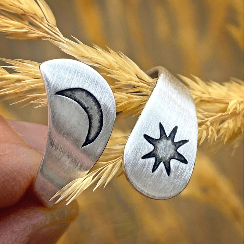 Solar Adjustable Ring featuring sun and crescent moon design, handmade in matte silver.