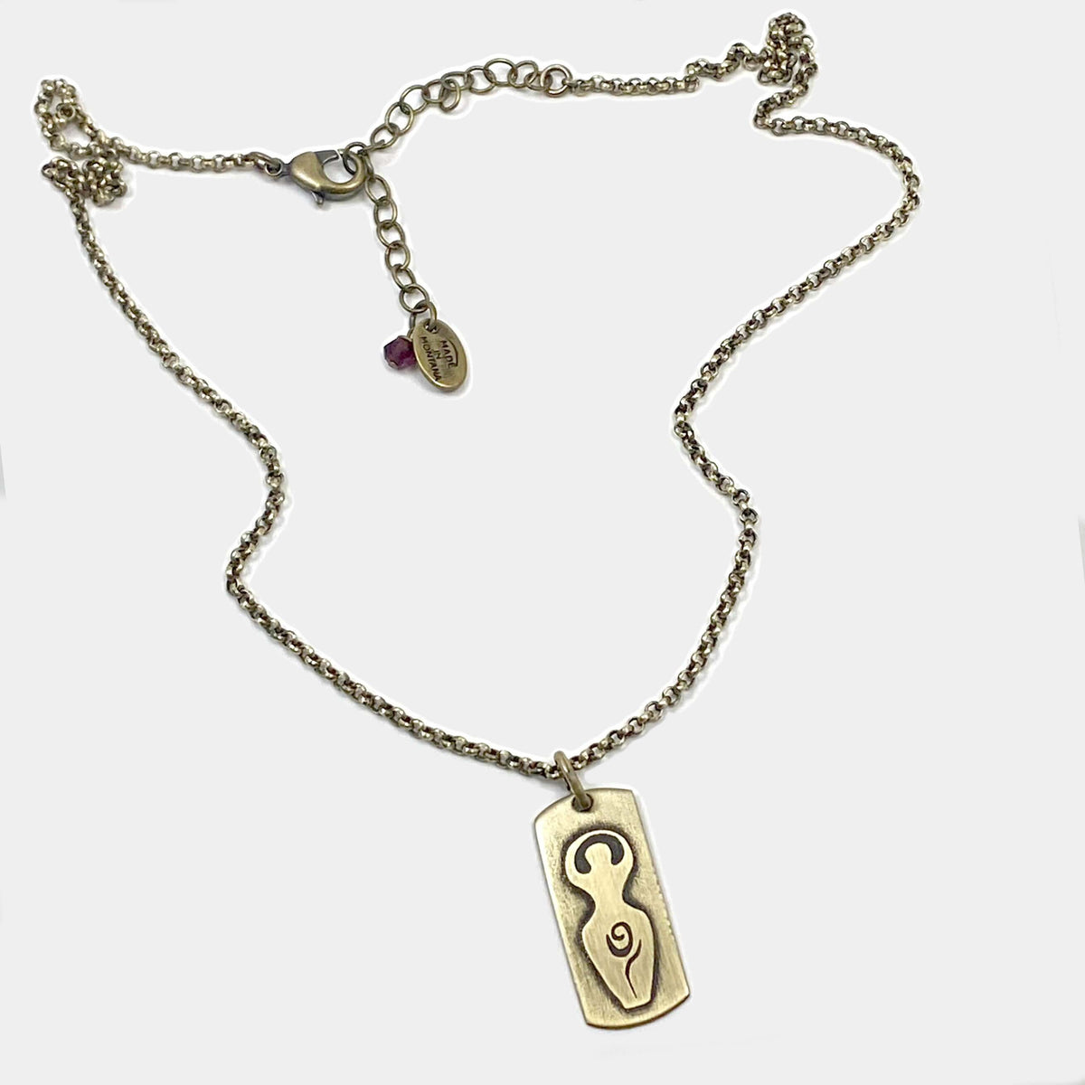 Triple Goddess Necklace in antique brass finish on an adjustable rolo chain, featuring goddess figure and moon phases.