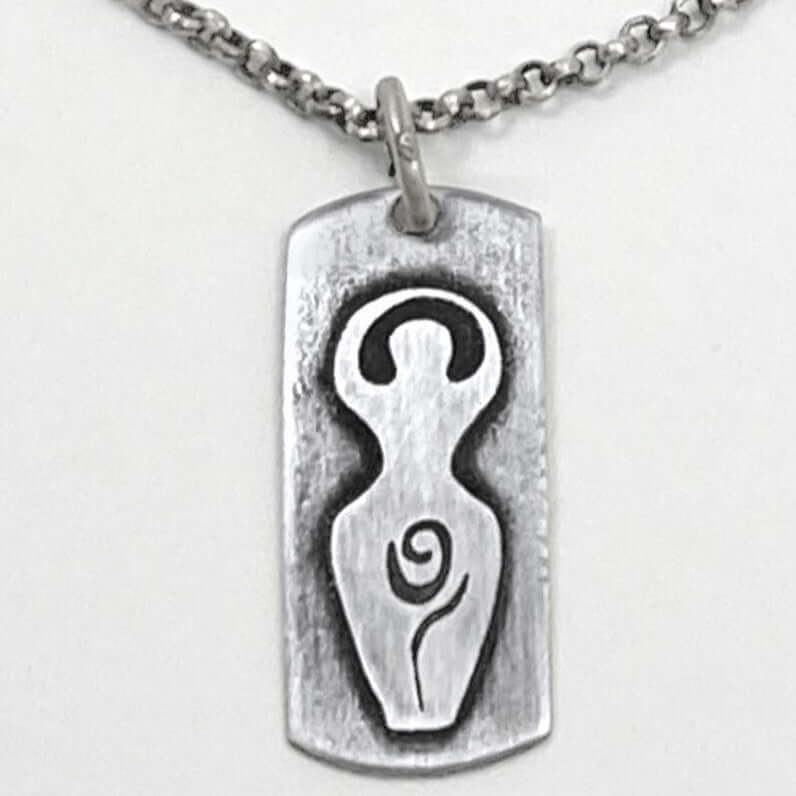 Triple Goddess Necklace featuring a goddess figure etched in silver on a rolo chain.