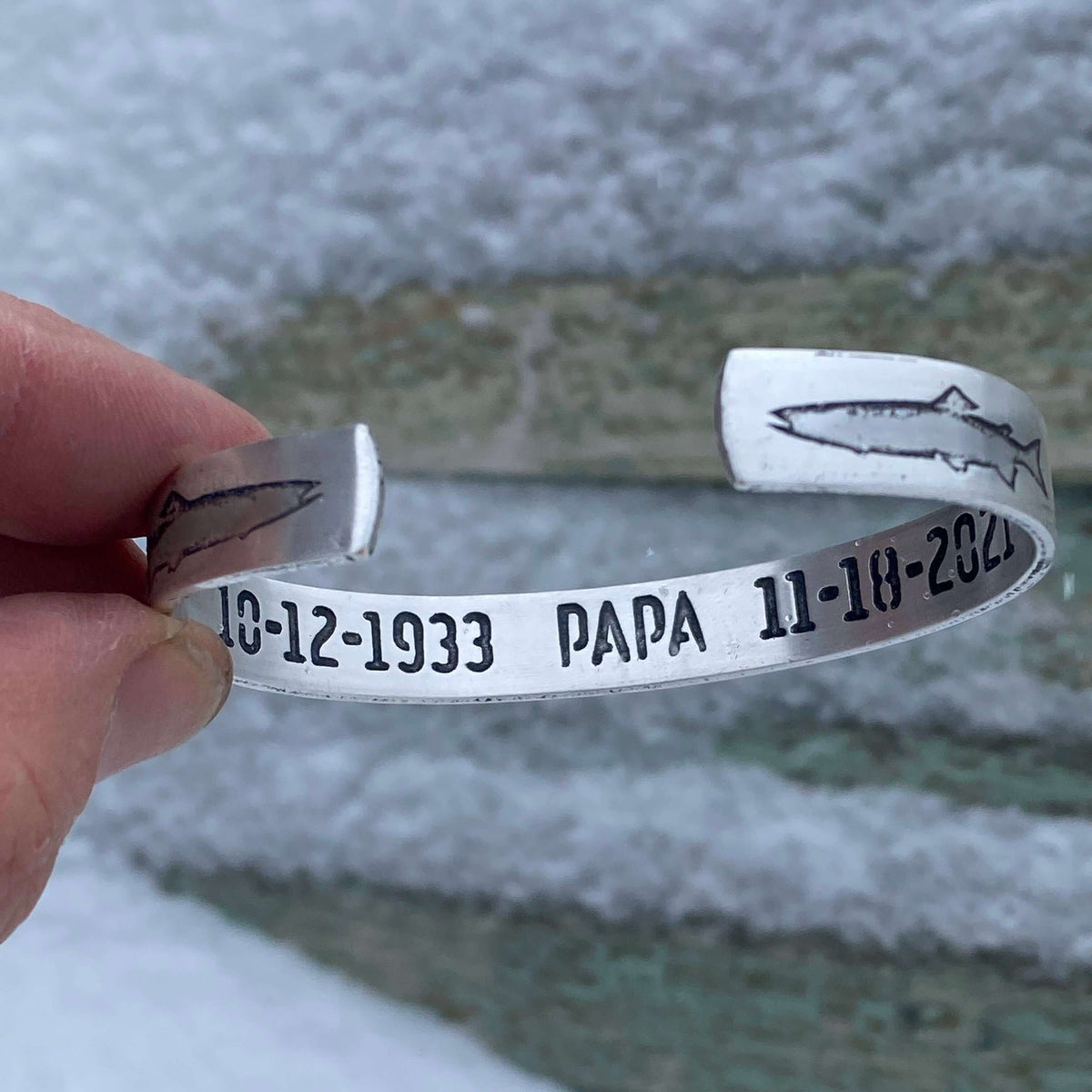 Trout on Tips Cuff Bracelet featuring a fish design and personalized engravings, perfect for nature lovers.