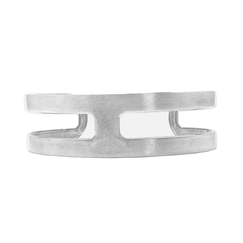 Wide Open Cuff Bracelet in Matte Silver, showcasing minimalist design and adjustable fit for any occasion.