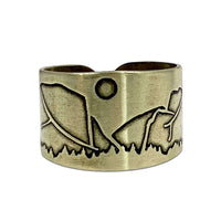 Yosemite Adjustable Ring in Antique Brass finish featuring a scenic mountain and sun design.